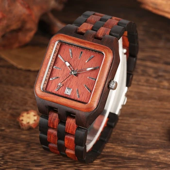 Уникальные Мужские часы с прямоугольным циферблатом, часы из красного сандалового дерева, Мужские часы с полностью натуральным древесным браслетом, Кварцевые наручные часы с календарной датой