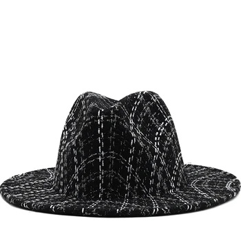 Черно-белая решетчатая шляпа с широкими полями в стиле Церковного Дерби, Панама, Фетровая шляпа-Фетровая шляпа для Мужчин и женщин, джазовая кепка из смеси шерсти