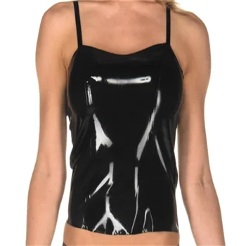 Черный Сексуальный латексный топ, мини-короткая резиновая рубашка, одежда для женщин